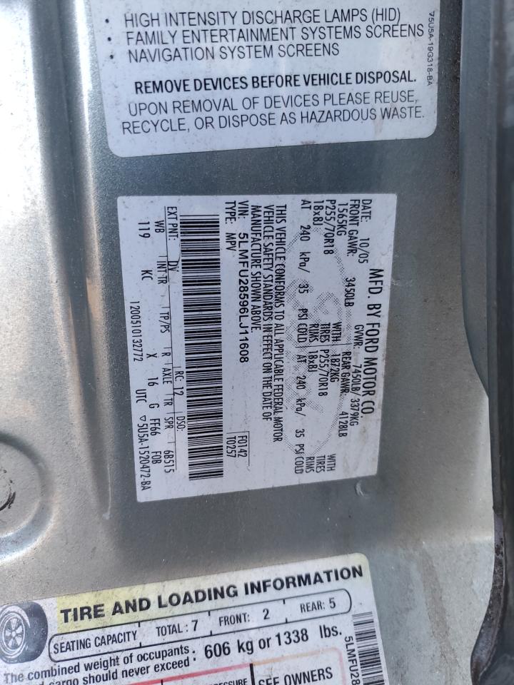 2006 Lincoln Navigator VIN 5LMFU28596LJ11608 Copart auction photo, rear end damage thumbnail 13