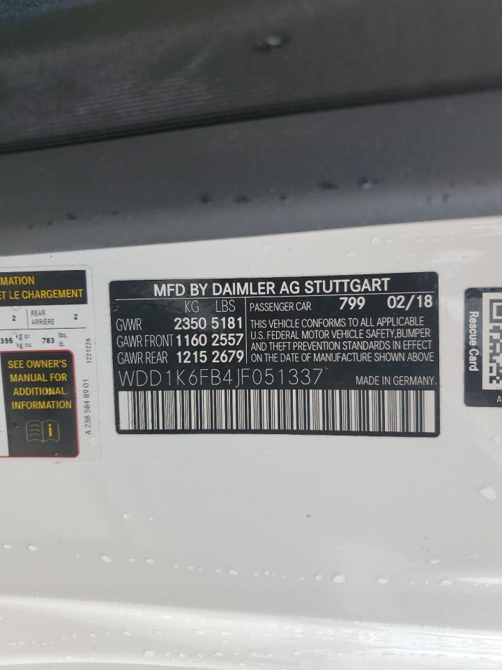 2018 Mercedes-Benz E-klasse VIN WDD1K6FB4JF051337 Copart auction photo, side / rear end damage thumbnail 12