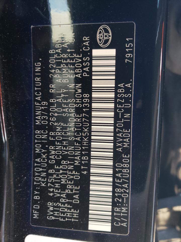 2019 Toyota Camry VIN 4T1B11HK5KU771398 Copart auction photo, rollover damage thumbnail 12