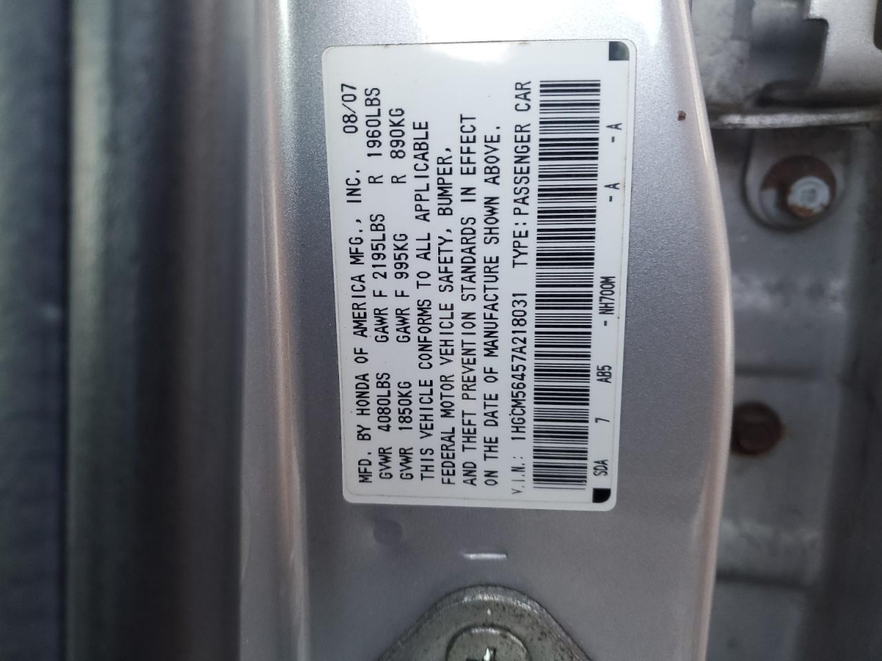 2007 Honda Accord VIN 1HGCM56457A218031 Copart auction photo, rear end damage thumbnail 14