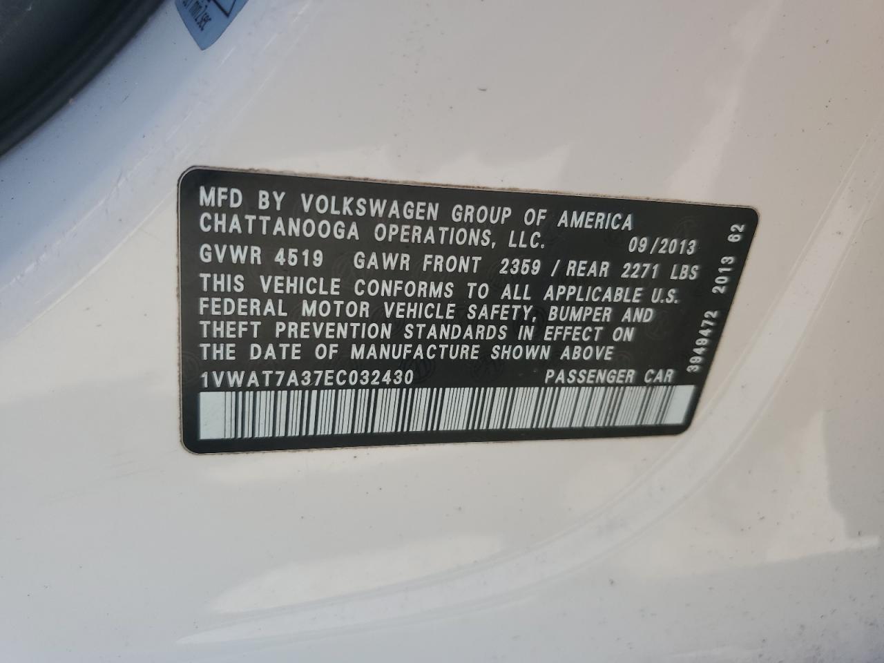 2014 Volkswagen Passat VIN 1VWAT7A37EC032430 Copart auction photo, front end damage thumbnail 12