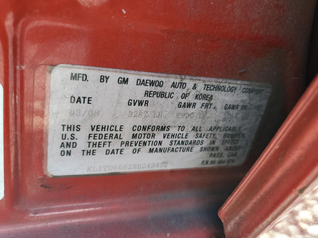 2008 Chevrolet Aveo VIN KL1TD66628B249472 Copart auction photo, front end damage thumbnail 15