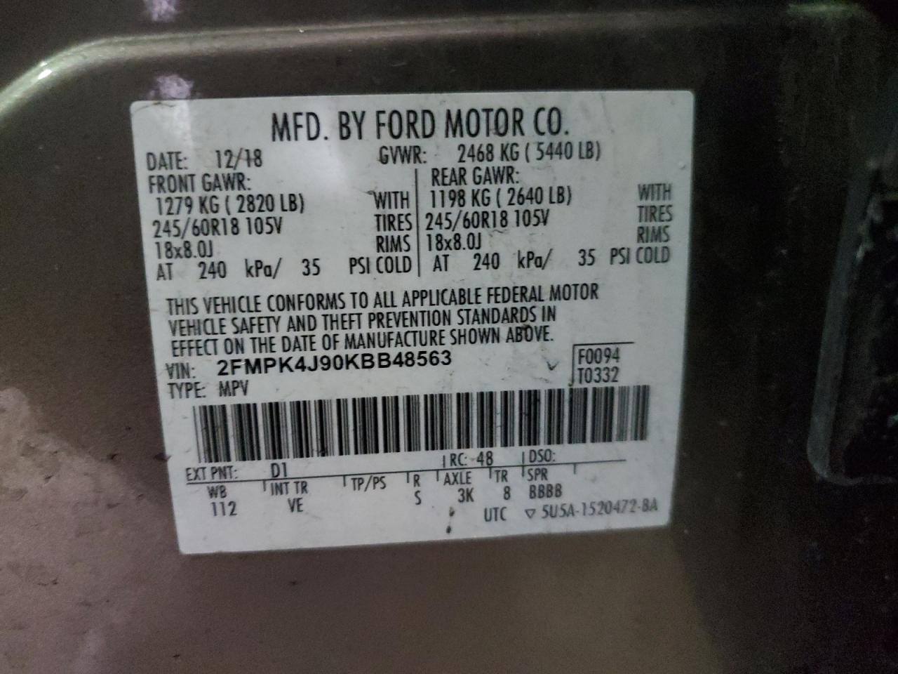 2019 Ford Edge VIN 2FMPK4J90KBB48563 Copart auction photo, front end damage thumbnail 14