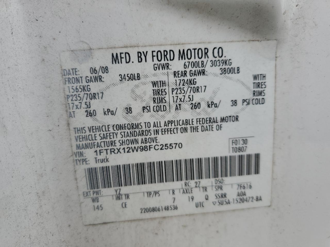 2008 Ford F-150 VIN 1FTRX12W98FC25570 Copart auction photo, side / minor dent/scratches damage thumbnail 12