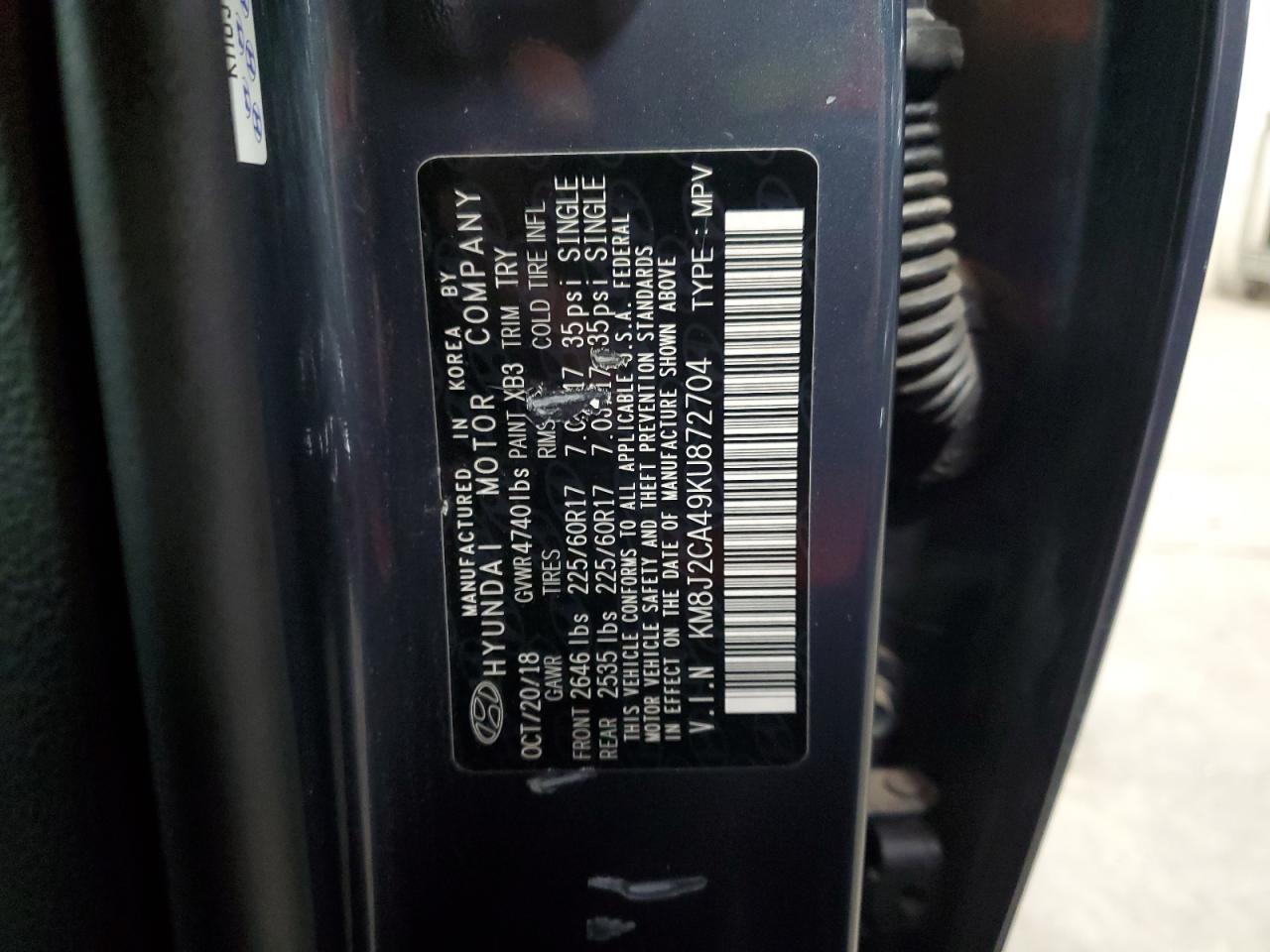 2019 Hyundai Tucson VIN KM8J2CA49KU872704 Copart auction photo, rear end / side damage thumbnail 14