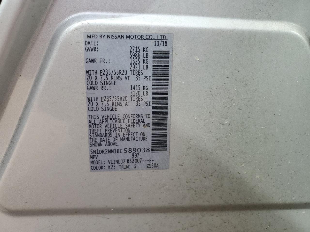 2019 Nissan Pathfinder VIN 5N1DR2MM1KC589038 Copart auction photo, rear end / minor dent/scratches damage thumbnail 13