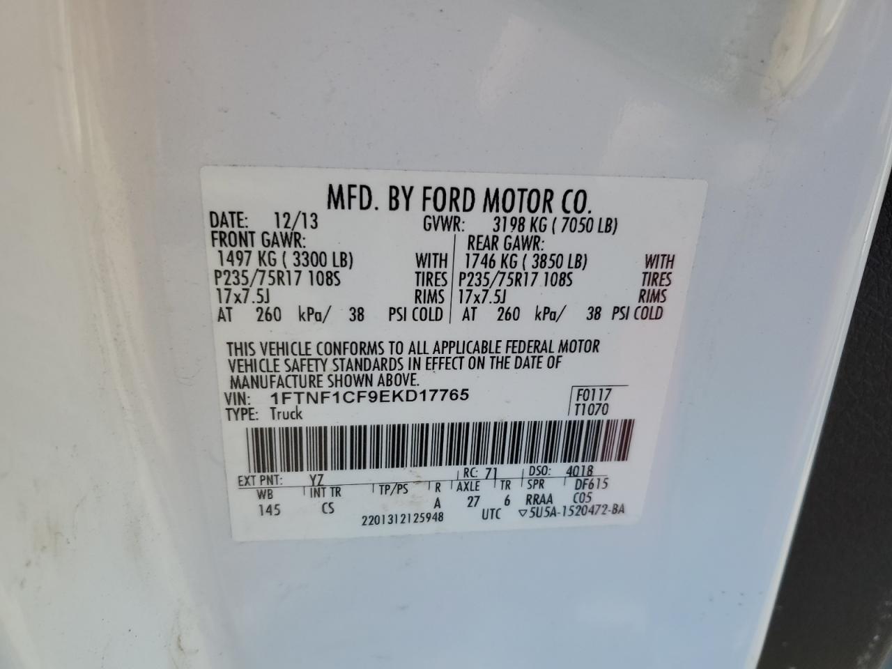 2014 Ford F-150 VIN 1FTNF1CF9EKD17765 Copart auction photo, front end / side damage thumbnail 13