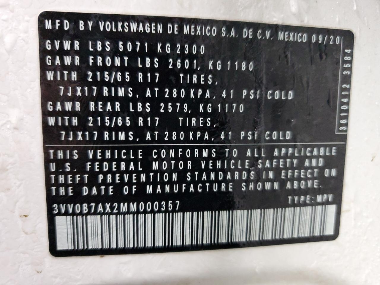2021 Volkswagen Tiguan VIN 3VV0B7AX2MM000357 Copart auction photo, all over damage thumbnail 13