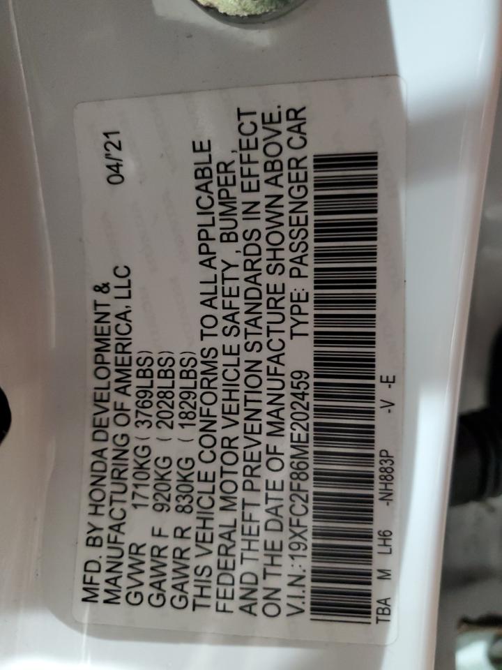 2021 Honda Civic VIN 19XFC2F86ME202459 Copart auction photo, front end / minor dent/scratches damage thumbnail 12