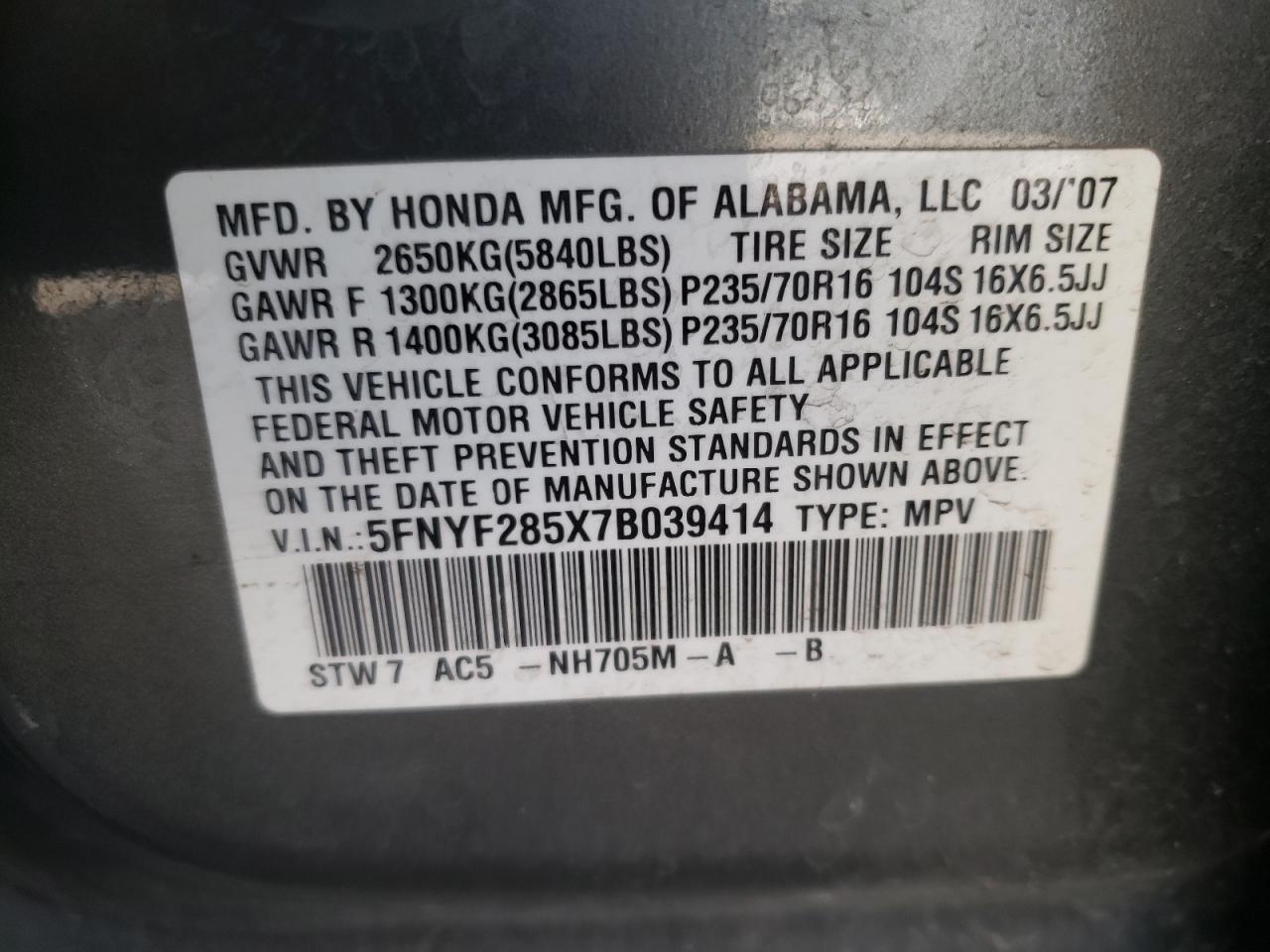 2007 Honda Pilot VIN 5FNYF285X7B039414 Copart auction photo, rear end / side damage thumbnail 15