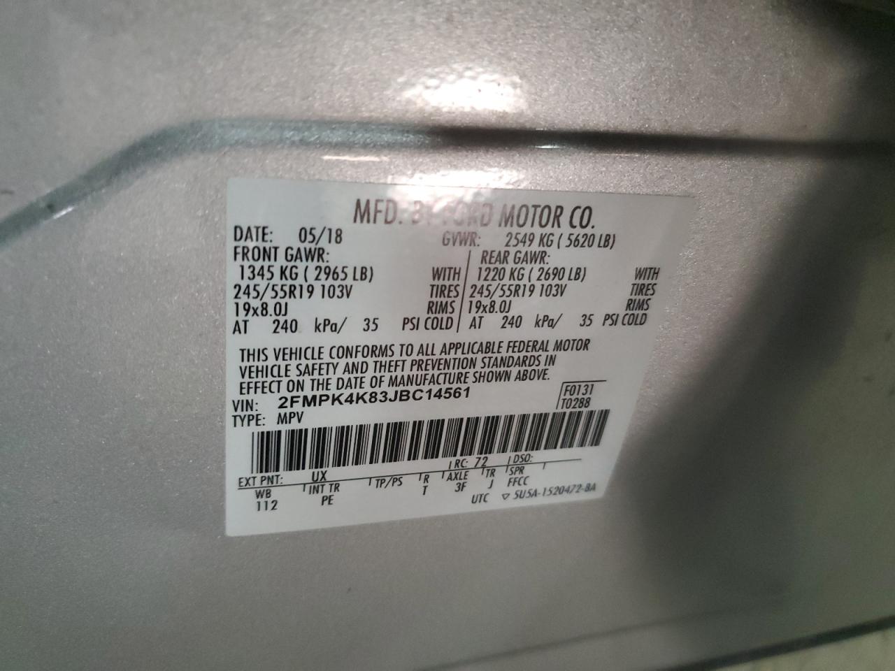 2018 Ford Edge VIN 2FMPK4K83JBC14561 Copart auction photo, rear end / mechanical damage thumbnail 13