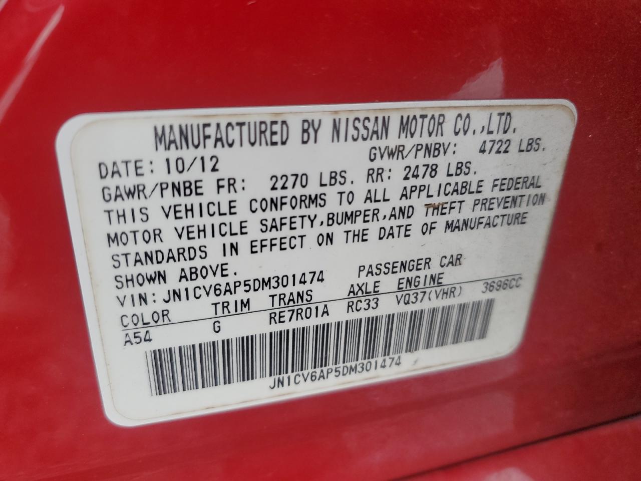 2013 Infiniti G VIN JN1CV6AP5DM301474 Copart auction photo, front end / minor dent/scratches damage thumbnail 14