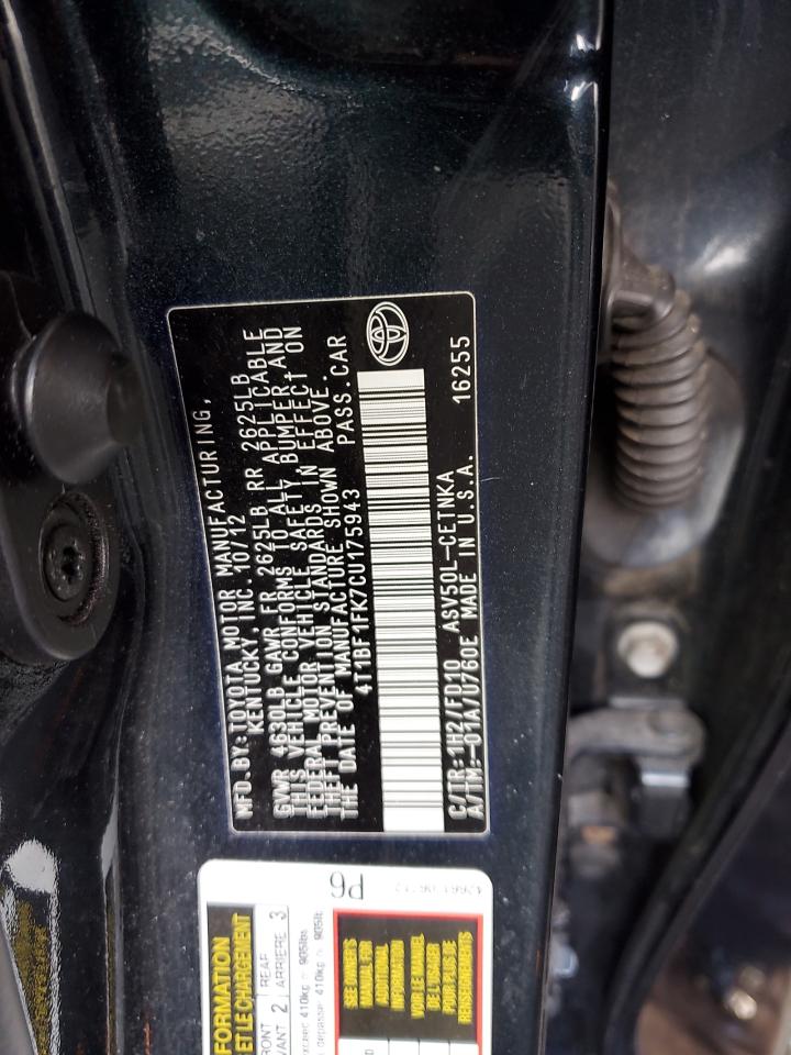2012 Toyota Camry VIN 4T1BF1FK7CU175943 Copart auction photo, rear end damage thumbnail 12