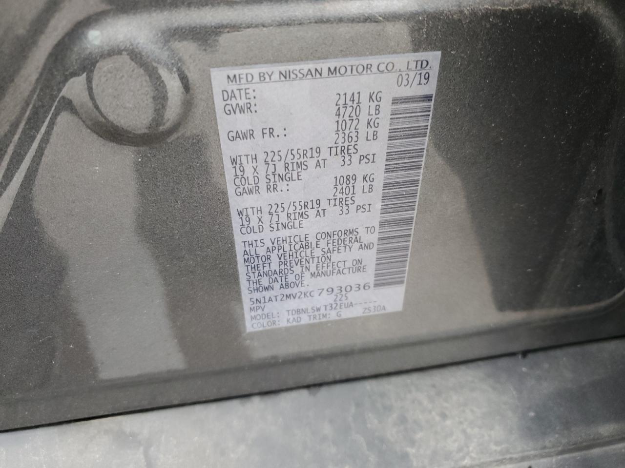 2019 Nissan Rogue VIN 5N1AT2MV2KC793036 Copart auction photo, water/flood damage thumbnail 13