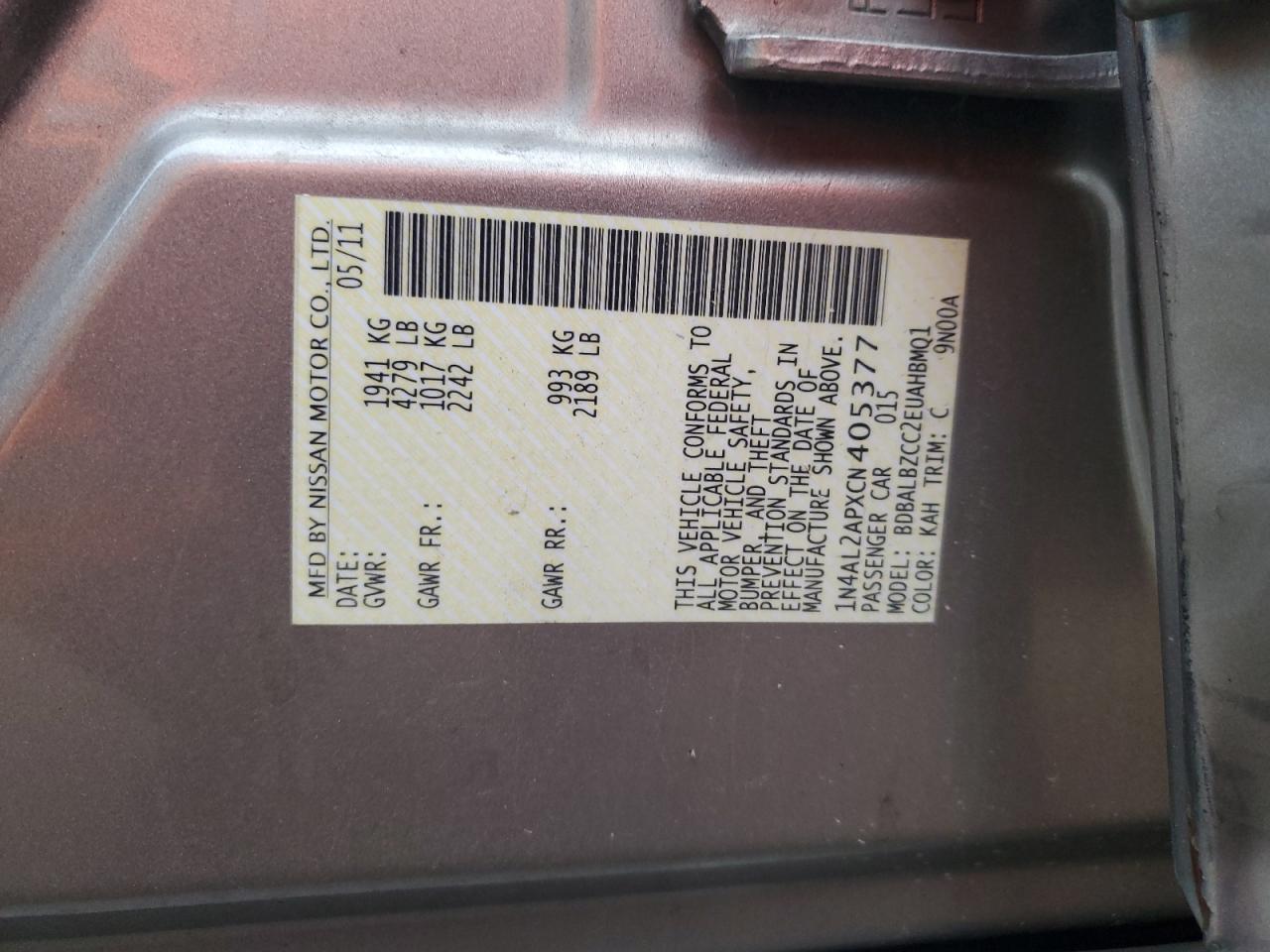 2012 Nissan Altima VIN 1N4AL2APXCN405377 Copart auction photo, front end / side damage thumbnail 12