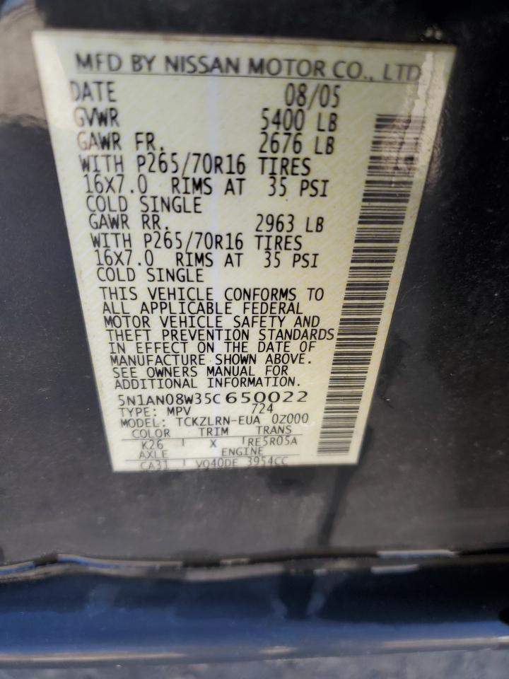 2005 Nissan XTerra VIN 5N1AN08W35C650022 Copart auction photo, front end damage thumbnail 13