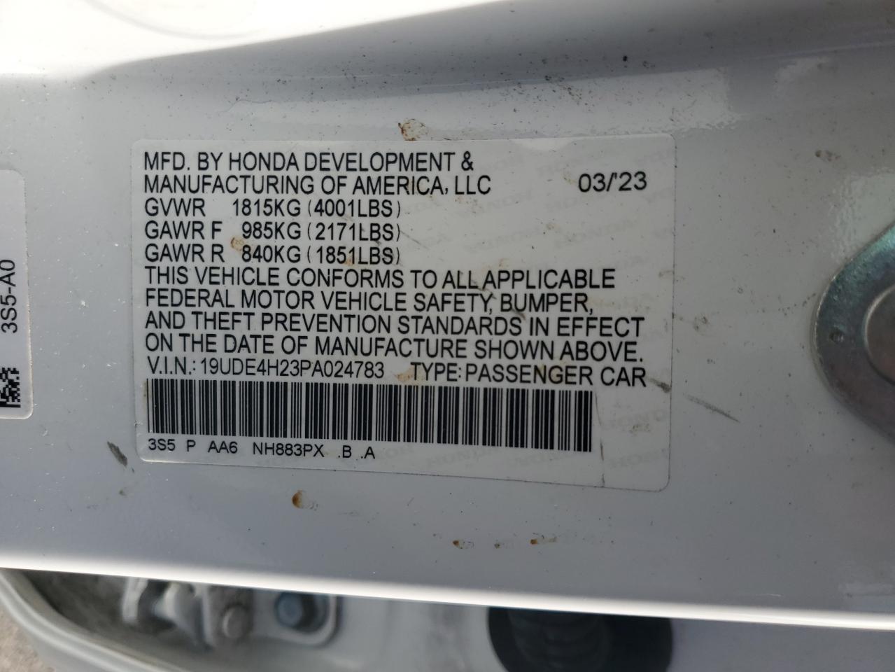 2023 Acura Integra VIN 19UDE4H23PA024783 Copart auction photo, side / rear end damage thumbnail 14