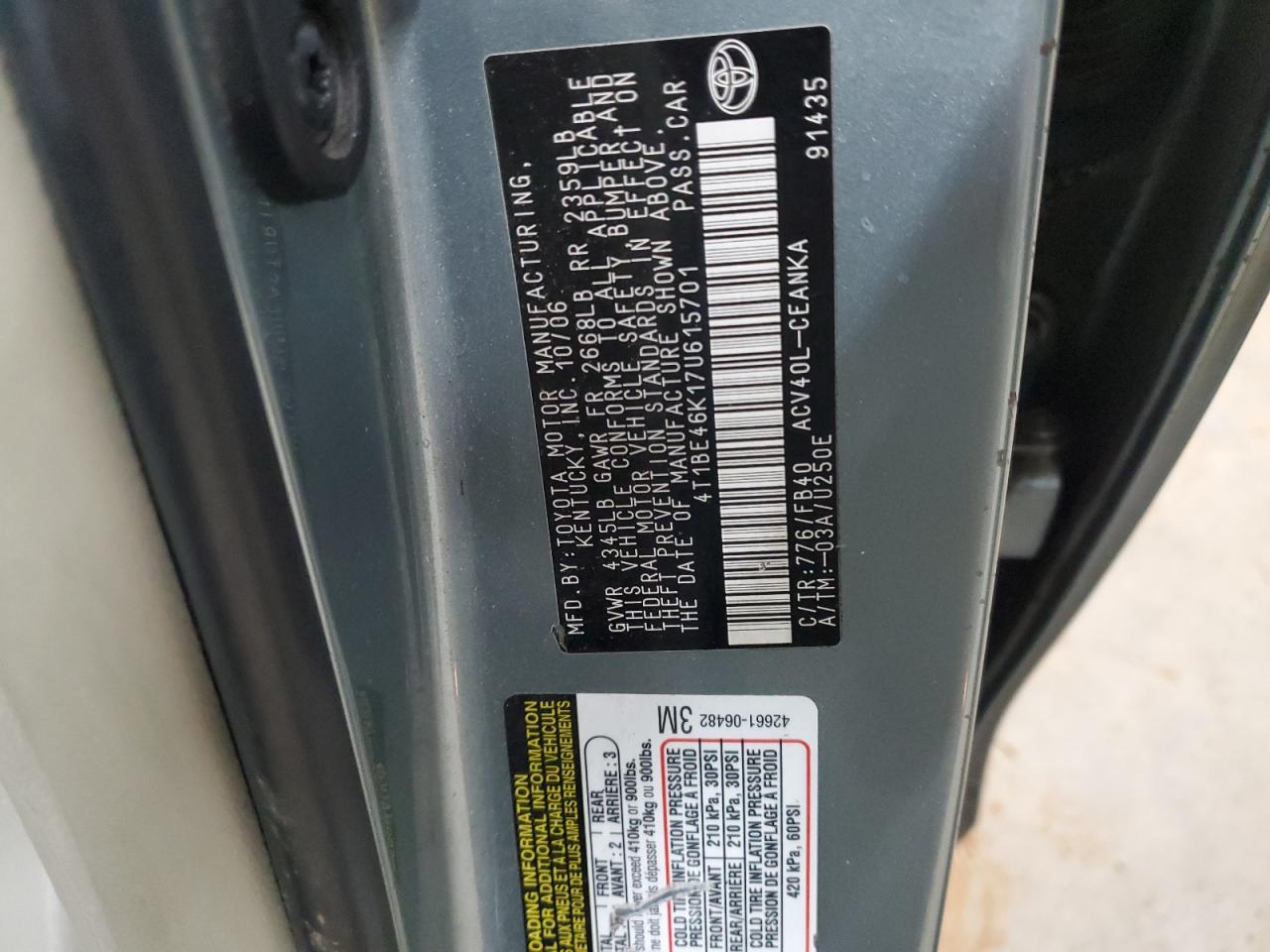 2007 Toyota Camry VIN 4T1BE46K17U615701 Copart auction photo, rear end / undercarriage damage thumbnail 12