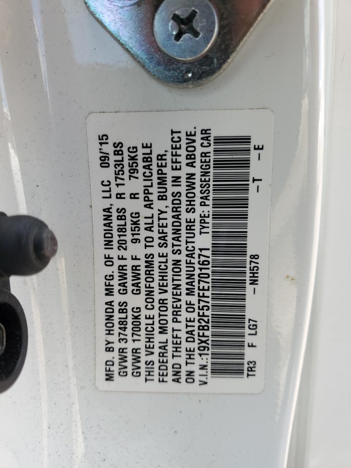2015 Honda Civic VIN 19XFB2F57FE701671 Copart auction photo, front end / rear end damage thumbnail 14