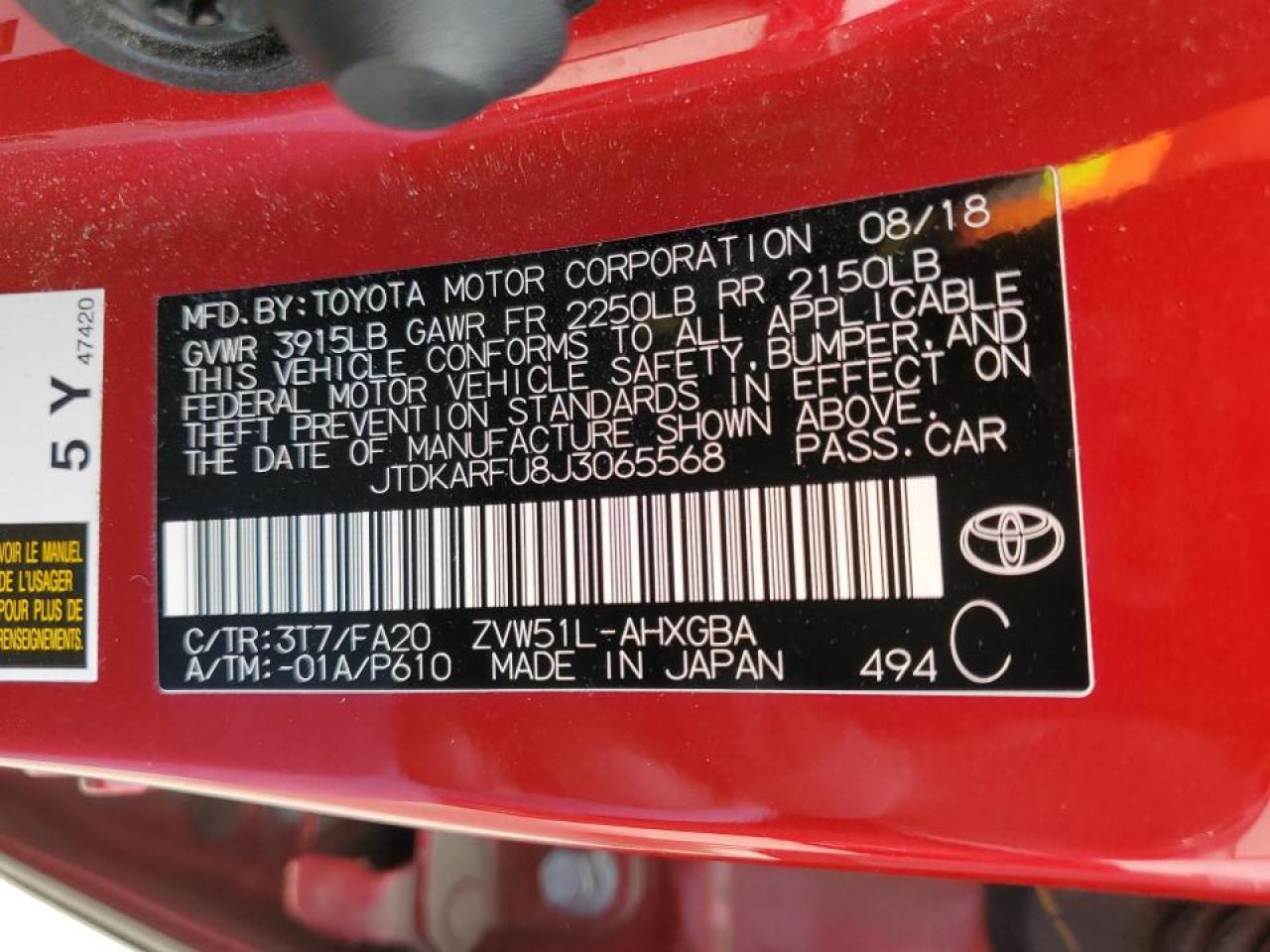 2018 Toyota Prius VIN JTDKARFU8J3065568 Copart auction photo, front end damage thumbnail 13
