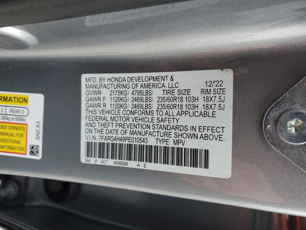 2023 Honda CR-V VIN 7FARS4H49PE010543 Copart auction photo, rear end / side damage thumbnail 13