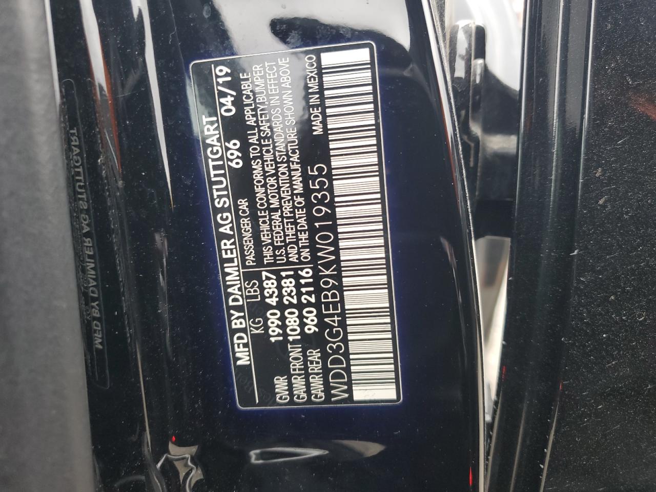 2019 Mercedes-Benz A-klasse VIN WDD3G4EB9KW019355 Copart auction photo, front end damage thumbnail 12