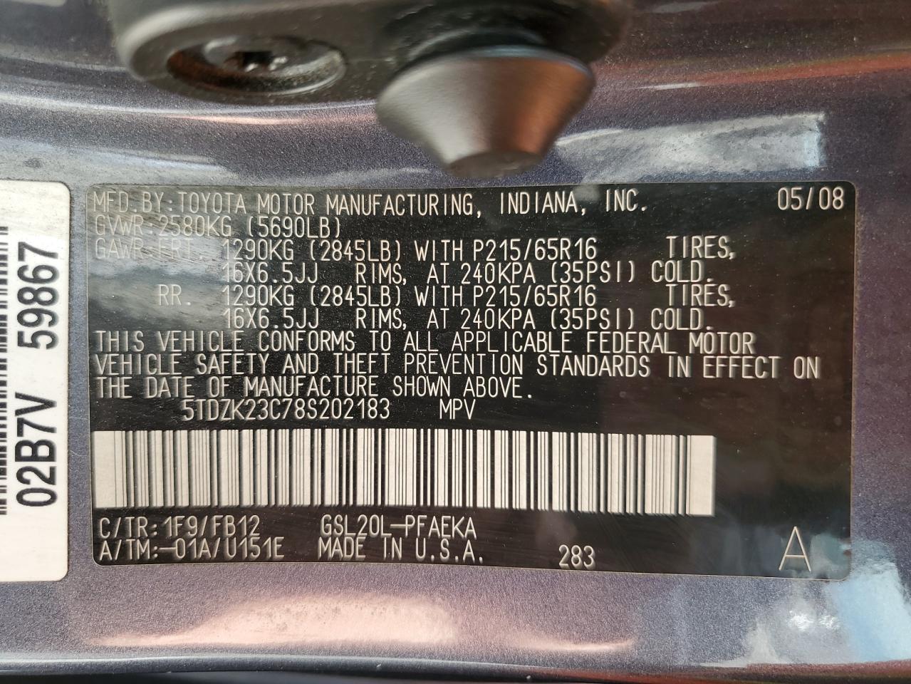 2008 Toyota Sienna VIN 5TDZK23C78S202183 Copart auction photo, front end damage thumbnail 13