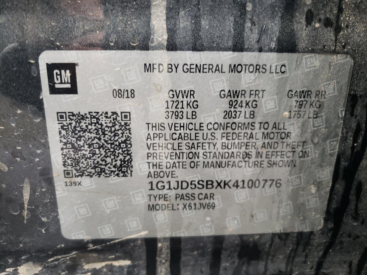 2019 Chevrolet Sonic VIN 1G1JD5SBXK4100776 Copart auction photo, mechanical damage thumbnail 12