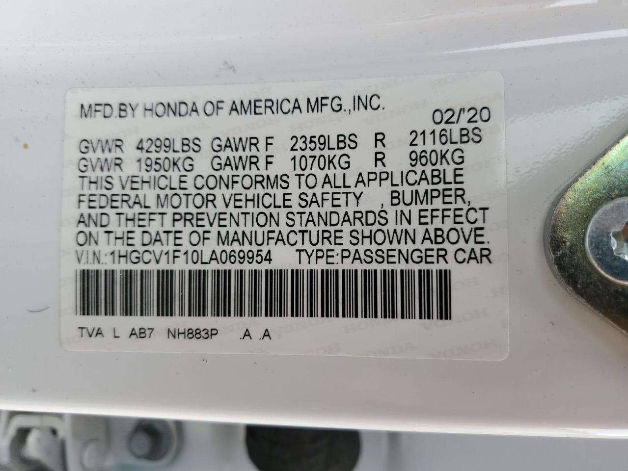 2020 Honda Accord VIN 1HGCV1F10LA069954 Copart auction photo, front end damage thumbnail 13