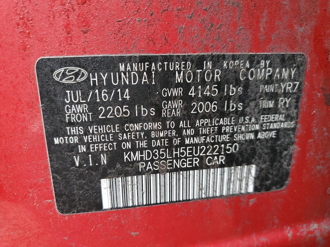 2014 Hyundai Elantra VIN KMHD35LH5EU222150 Copart auction photo, front end / minor dent/scratches damage thumbnail 12