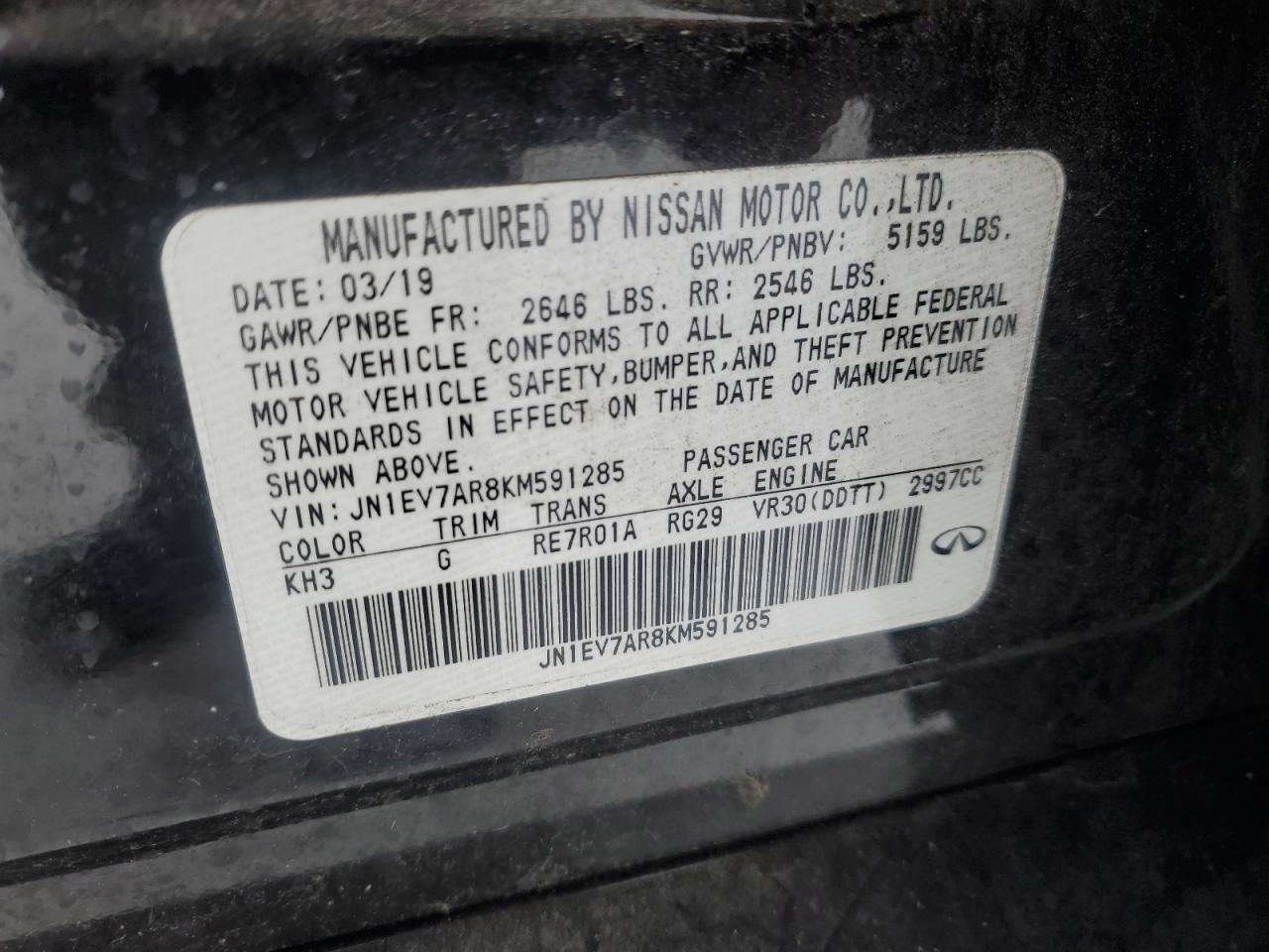 2019 Infiniti Q50 VIN JN1EV7AR8KM591285 Copart auction photo, front end / side damage thumbnail 12