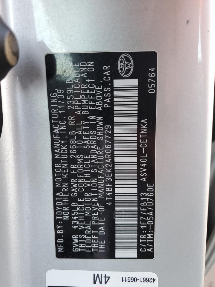 2010 Toyota Camry VIN 4T4BF3EK2AR067729 Copart auction photo, side / rear end damage thumbnail 12