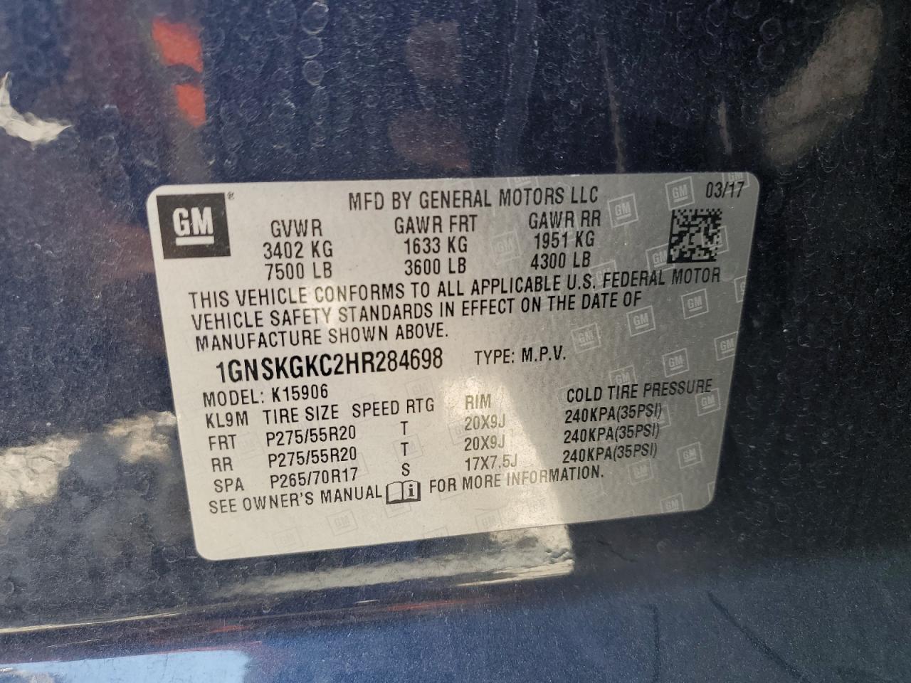 2017 Chevrolet Suburban VIN 1GNSKGKC2HR284698 Copart auction photo, front end damage thumbnail 16
