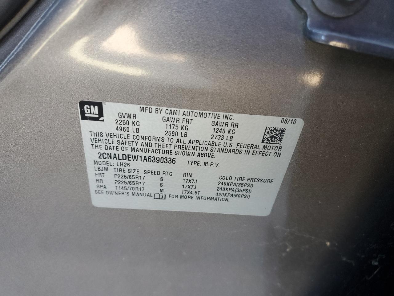 2010 Chevrolet Equinox VIN 2CNALDEW1A6390336 Copart auction photo, front end / side damage thumbnail 13