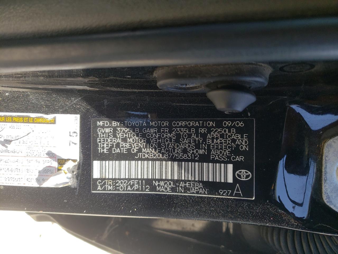 2007 Toyota Prius VIN JTDKB20U877558312 Copart auction photo, minor dent/scratches damage thumbnail 13