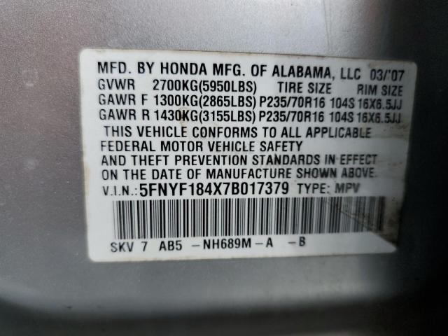2007 Honda Pilot VIN 5FNYF184X7B017379 Copart auction photo, side / front end damage thumbnail 13