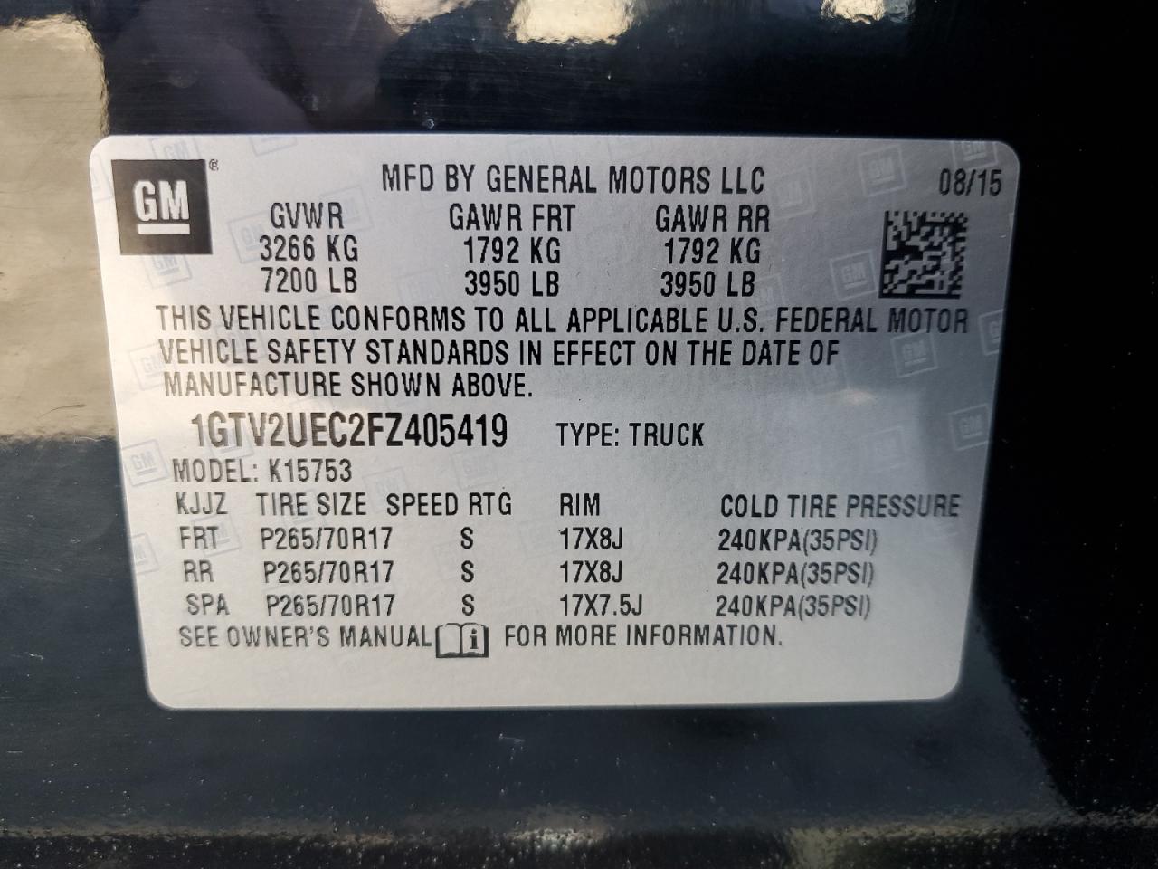 2015 GMC Sierra VIN 1GTV2UEC2FZ405419 Copart auction photo, minor dent/scratches damage thumbnail 12