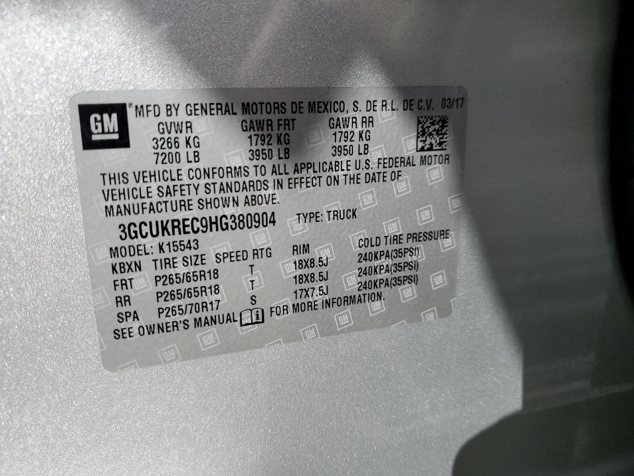 2017 Chevrolet Silverado VIN 3GCUKREC9HG380904 Copart auction photo, all over damage thumbnail 12