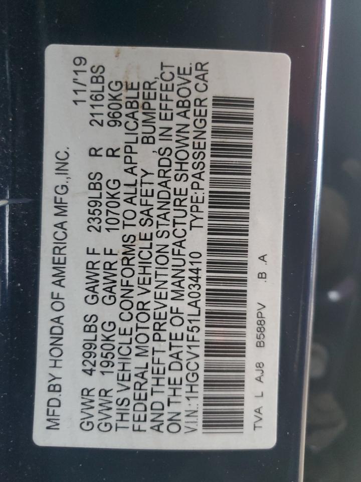 2020 Honda Accord VIN 1HGCV1F51LA034410 Copart auction photo, all over damage thumbnail 12