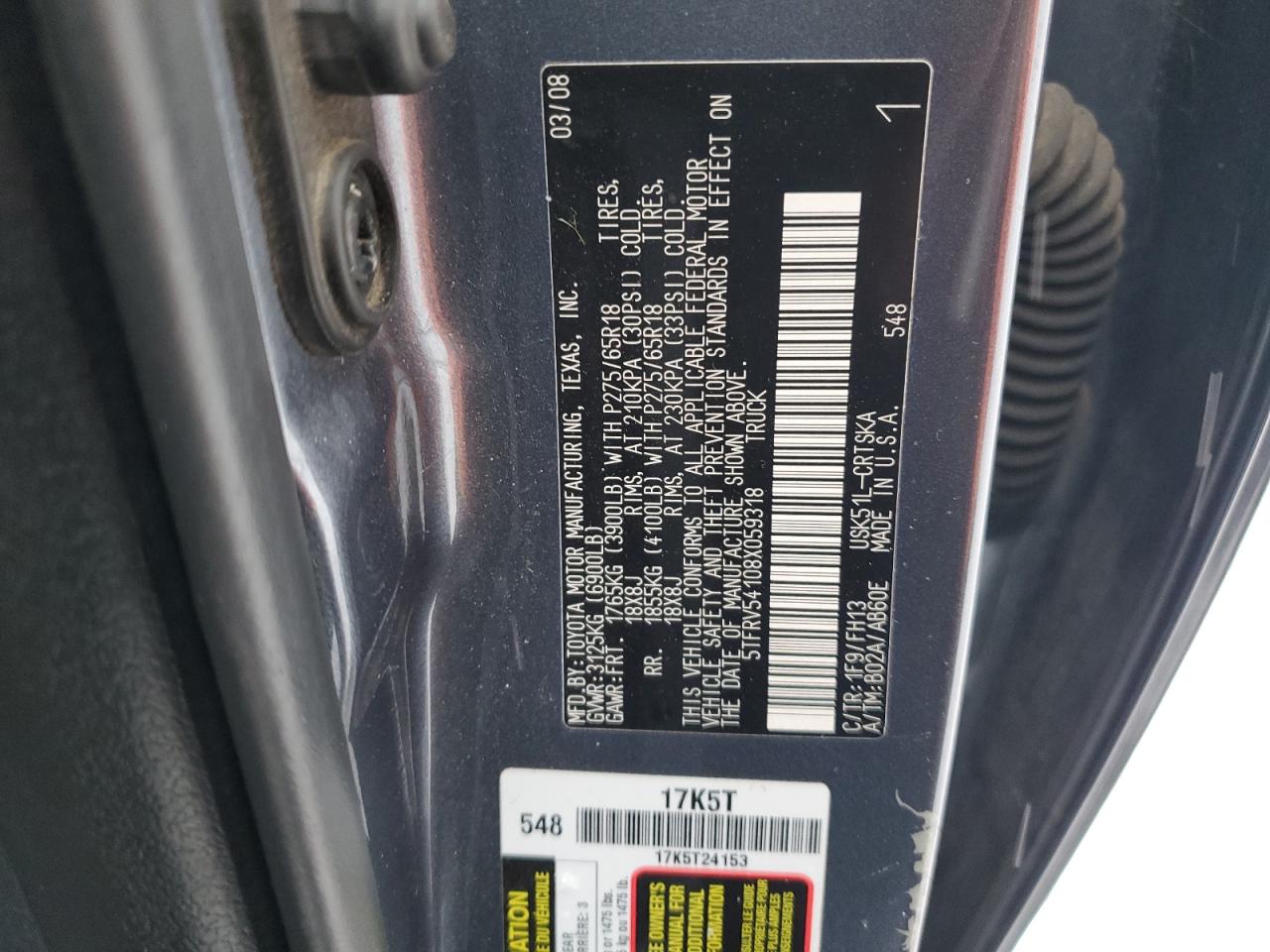 2008 Toyota Tundra VIN 5TFRV54108X059318 Copart auction photo, front end damage thumbnail 12