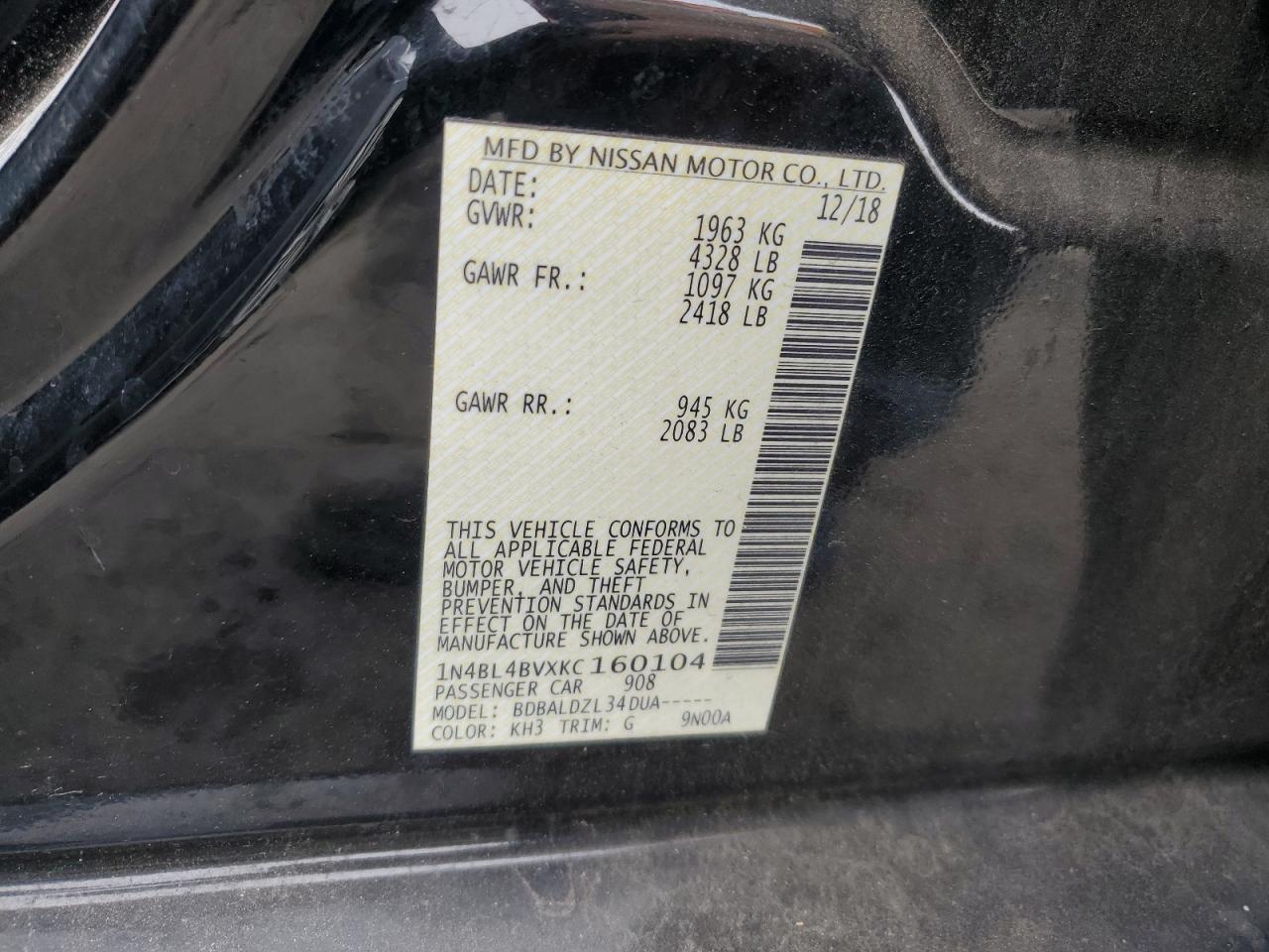 2019 Nissan Altima VIN 1N4BL4BVXKC160104 Copart auction photo, front end / rear end damage thumbnail 14