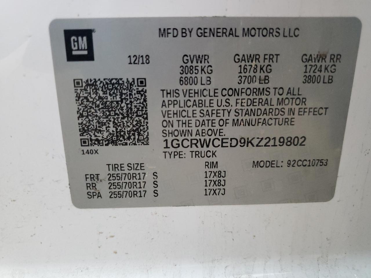 2019 Chevrolet Silverado VIN 1GCRWCED9KZ219802 Copart auction photo, front end / side damage thumbnail 13