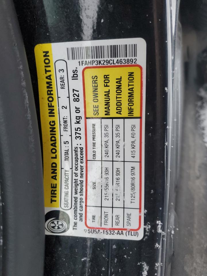 2012 Ford Focus VIN 1FAHP3K29CL463892 Copart auction photo, normal wear damage thumbnail 12