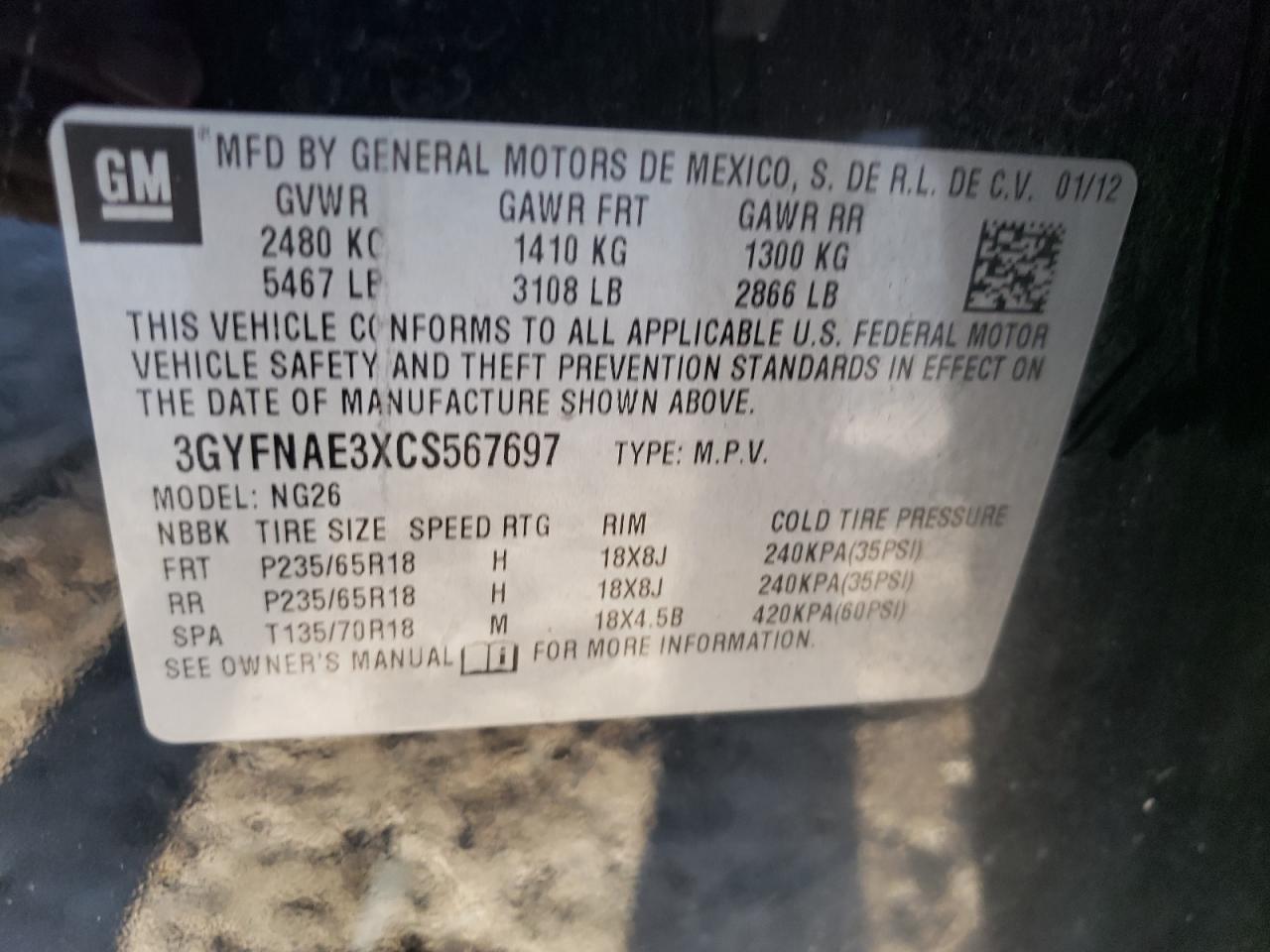 2012 Cadillac SRX VIN 3GYFNAE3XCS567697 Copart auction photo, front end damage thumbnail 14