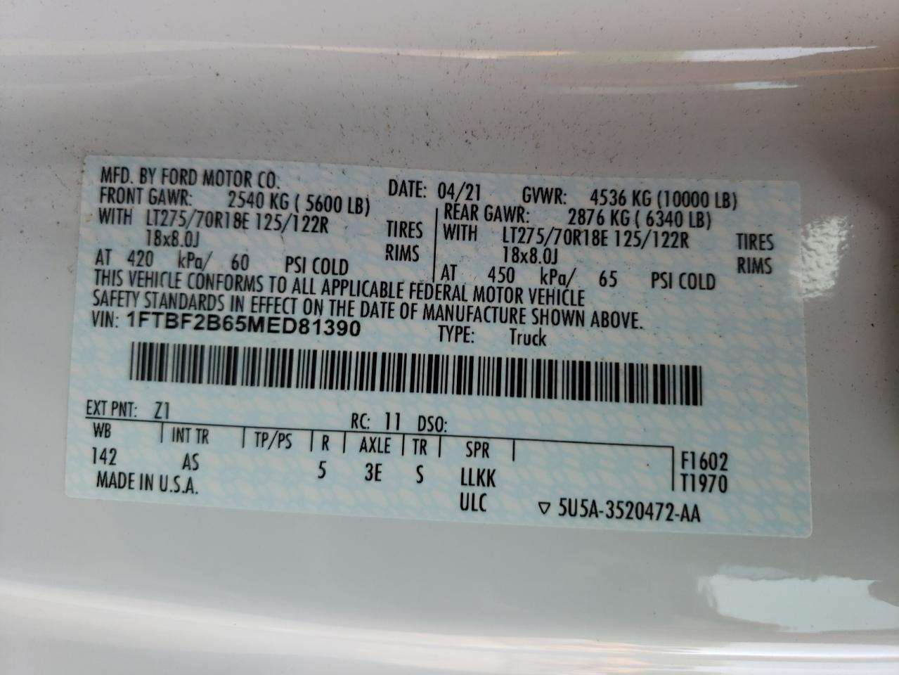 2021 Ford F250 VIN 1FTBF2B65MED81390 Copart auction photo, front end / minor dent/scratches damage thumbnail 12
