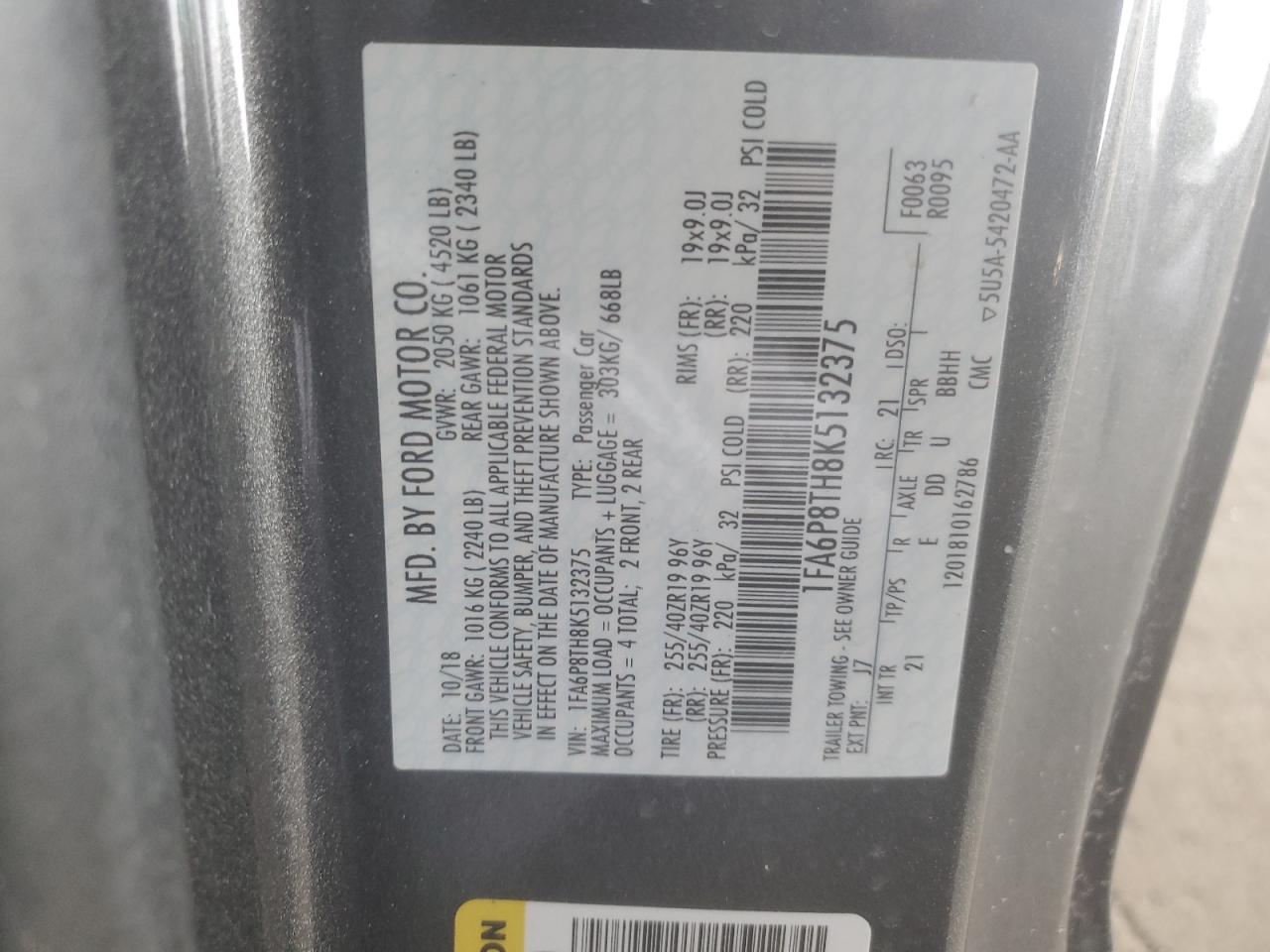 2019 Ford Mustang VIN 1FA6P8TH8K5132375 Copart auction photo, front end damage thumbnail 12