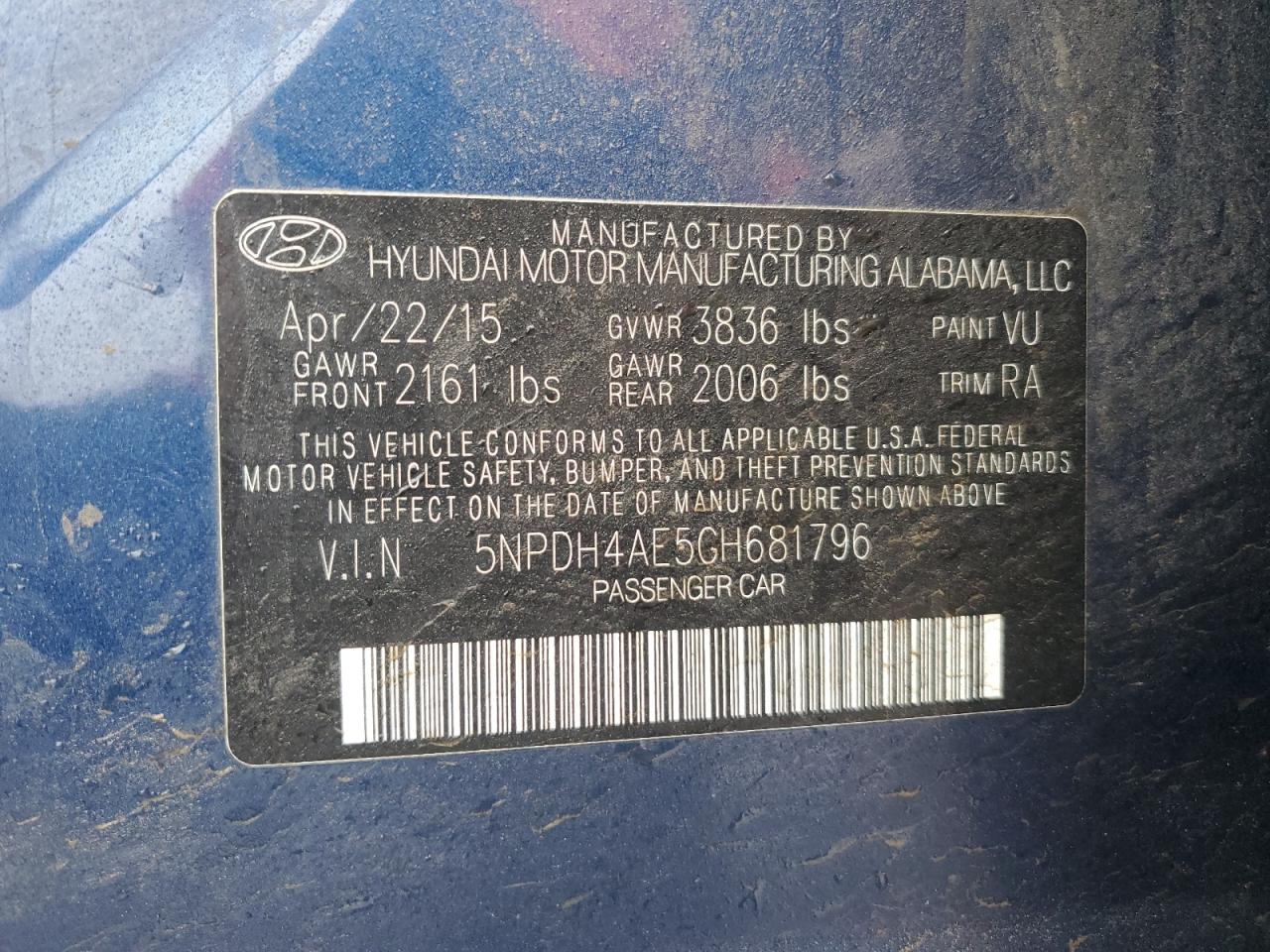 2016 Hyundai Elantra VIN 5NPDH4AE5GH681796 Copart auction photo, burn damage thumbnail 12