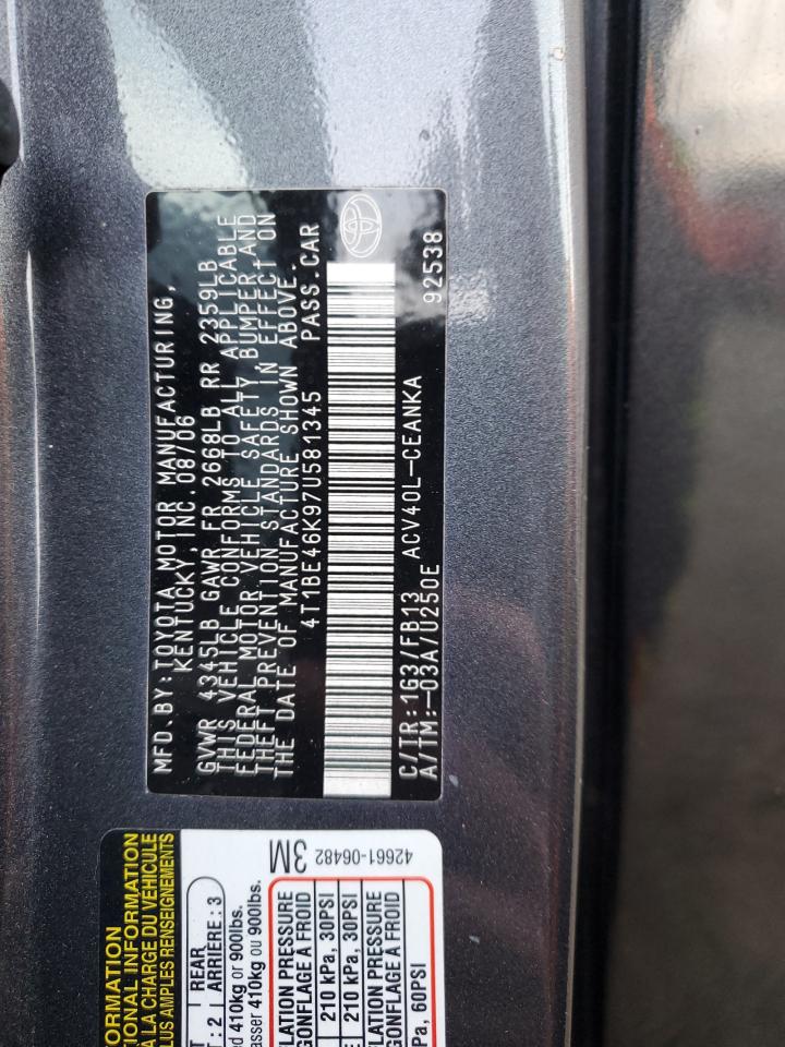 2007 Toyota Camry VIN 4T1BE46K97U581345 Copart auction photo, front end / side damage thumbnail 13