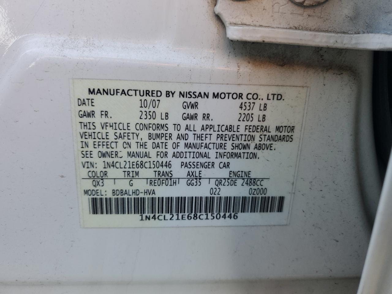 2008 Nissan Altima VIN 1N4CL21E68C150446 Copart auction photo, rear end / front end damage thumbnail 12