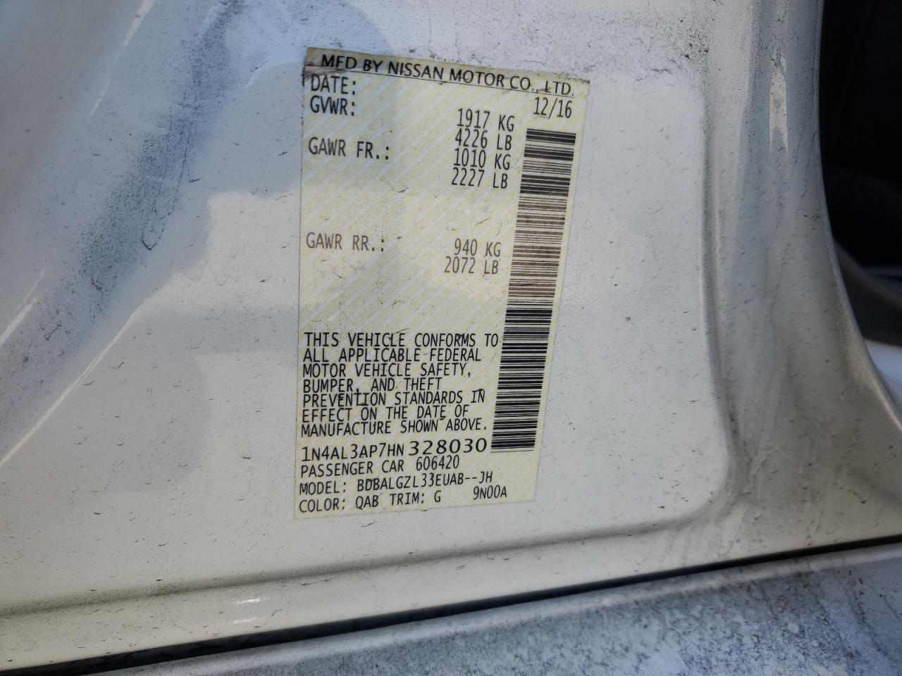2017 Nissan Altima VIN 1N4AL3AP7HN328030 Copart auction photo, front end damage thumbnail 12